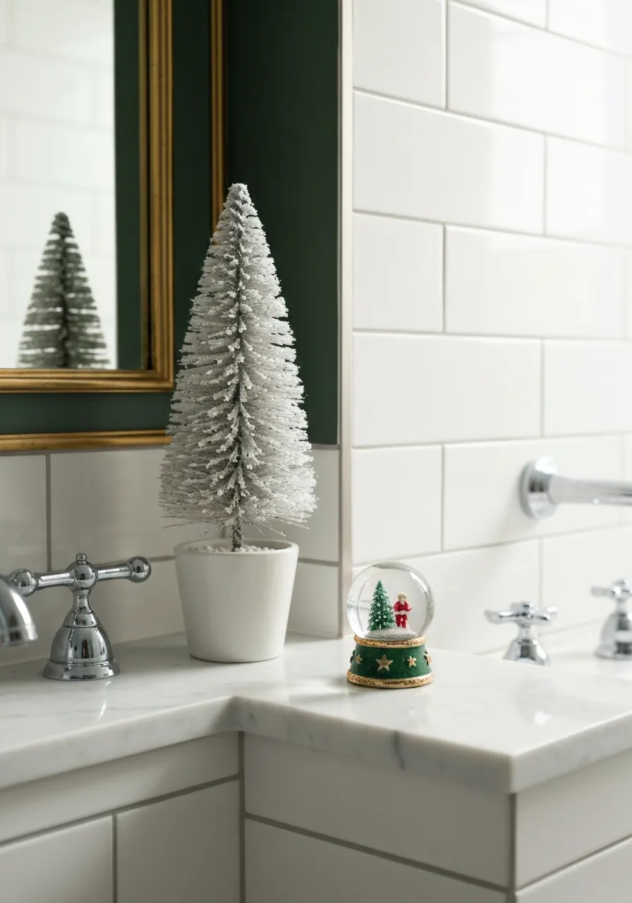 bathroom christmas decor ideas, small bottlebrush tree and snow globe on bathroom shelf