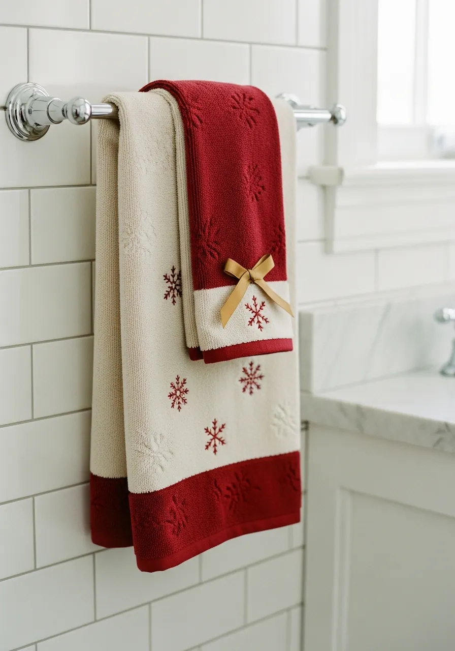 bathroom christmas decor ideas, Christmas hand towels on towel bar with red border and green accent