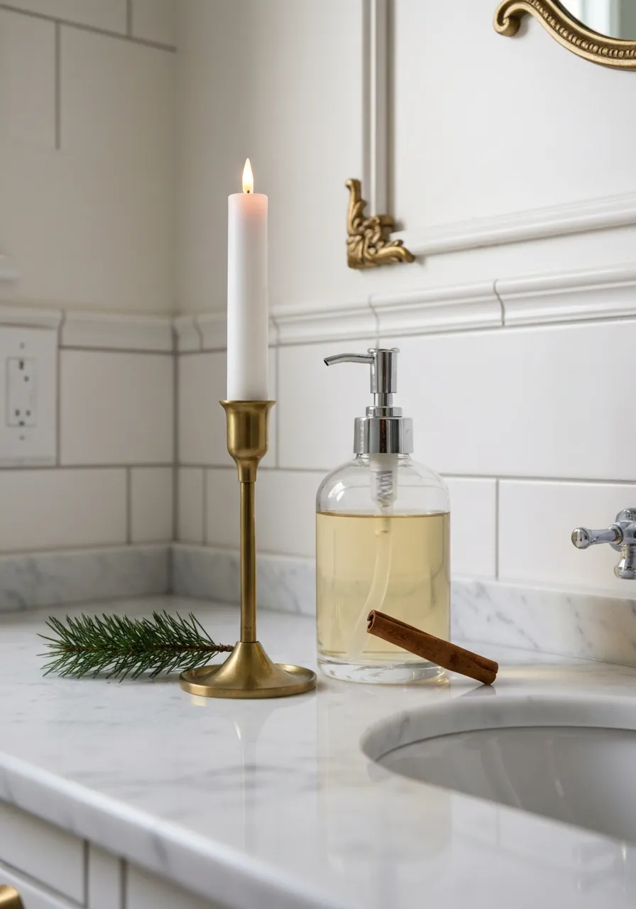 bathroom christmas decor ideas, bathroom counter with brass candle holder holiday soap and pine sprig