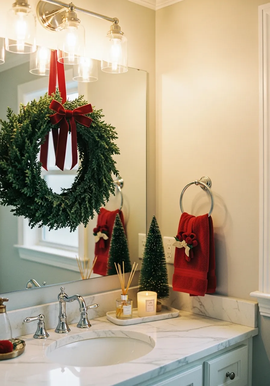 bathroom christmas decor ideas, guest bathroom fully styled for Christmas with mirror garland towels and candle