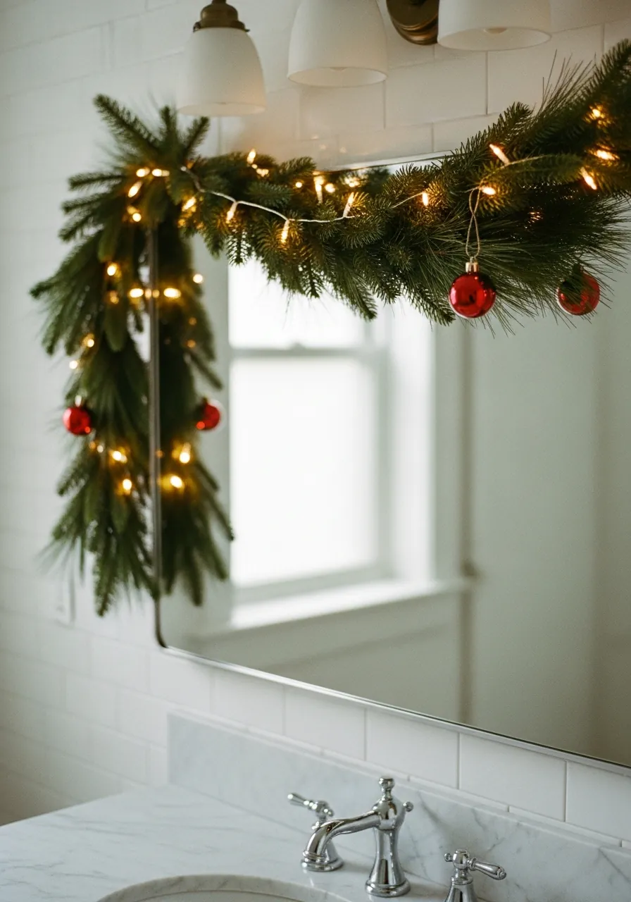 bathroom christmas decor ideas, pine garland with fairy lights draped across bathroom mirror