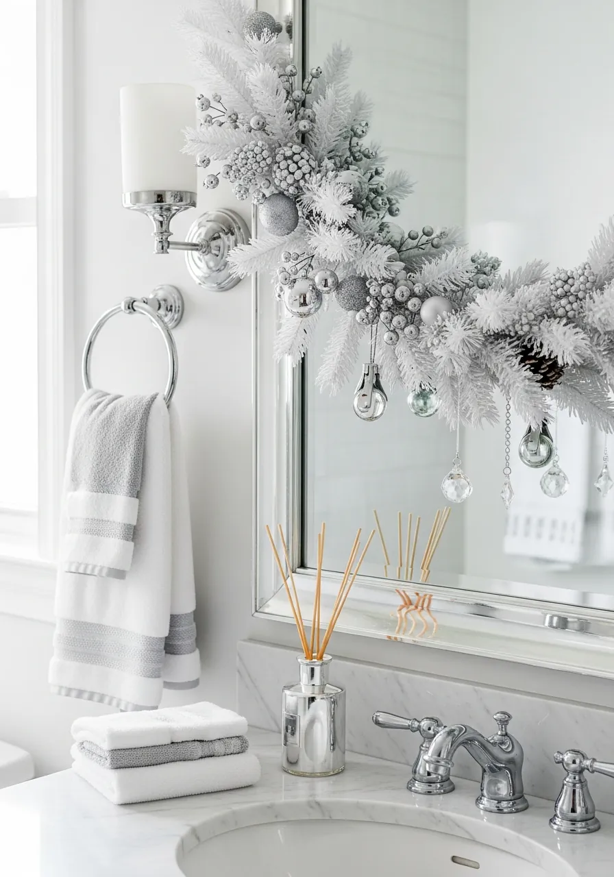 bathroom christmas decor ideas, white and silver winter bathroom with faux garland and crystal ornaments