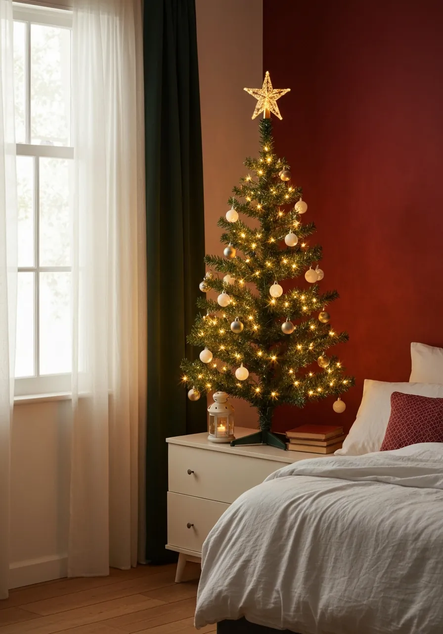 bedroom christmas decor ideas, tabletop Christmas tree on dresser with ornaments and warm lights