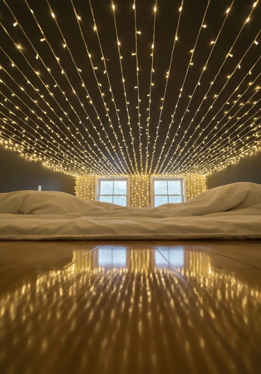 bedroom christmas decor ideas, warm white fairy light canopy strung from ceiling above the bed