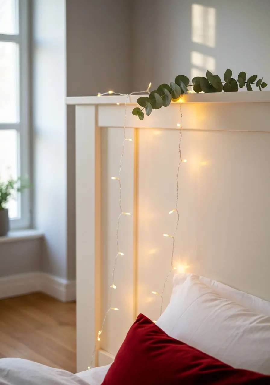 bedroom christmas decor ideas, fairy lights draped over headboard creating warm glow above bed