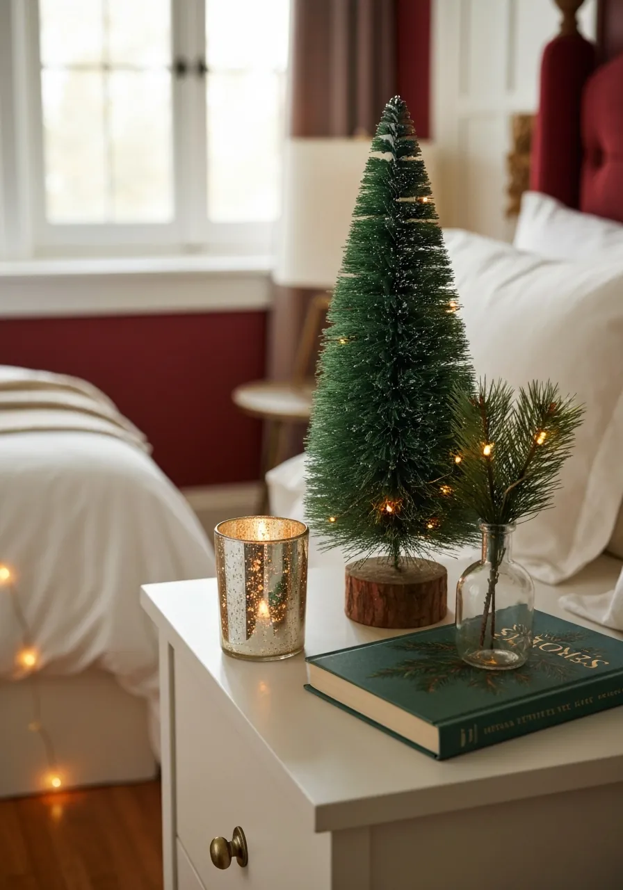 bedroom christmas decor ideas, nightstand Christmas vignette with small tree candle and pine sprig
