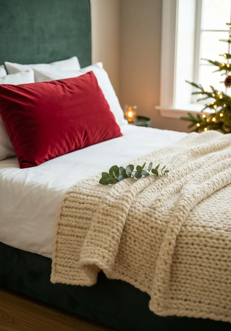 bedroom christmas decor ideas, bed styled with cream knit throw and deep red velvet pillow for Christmas