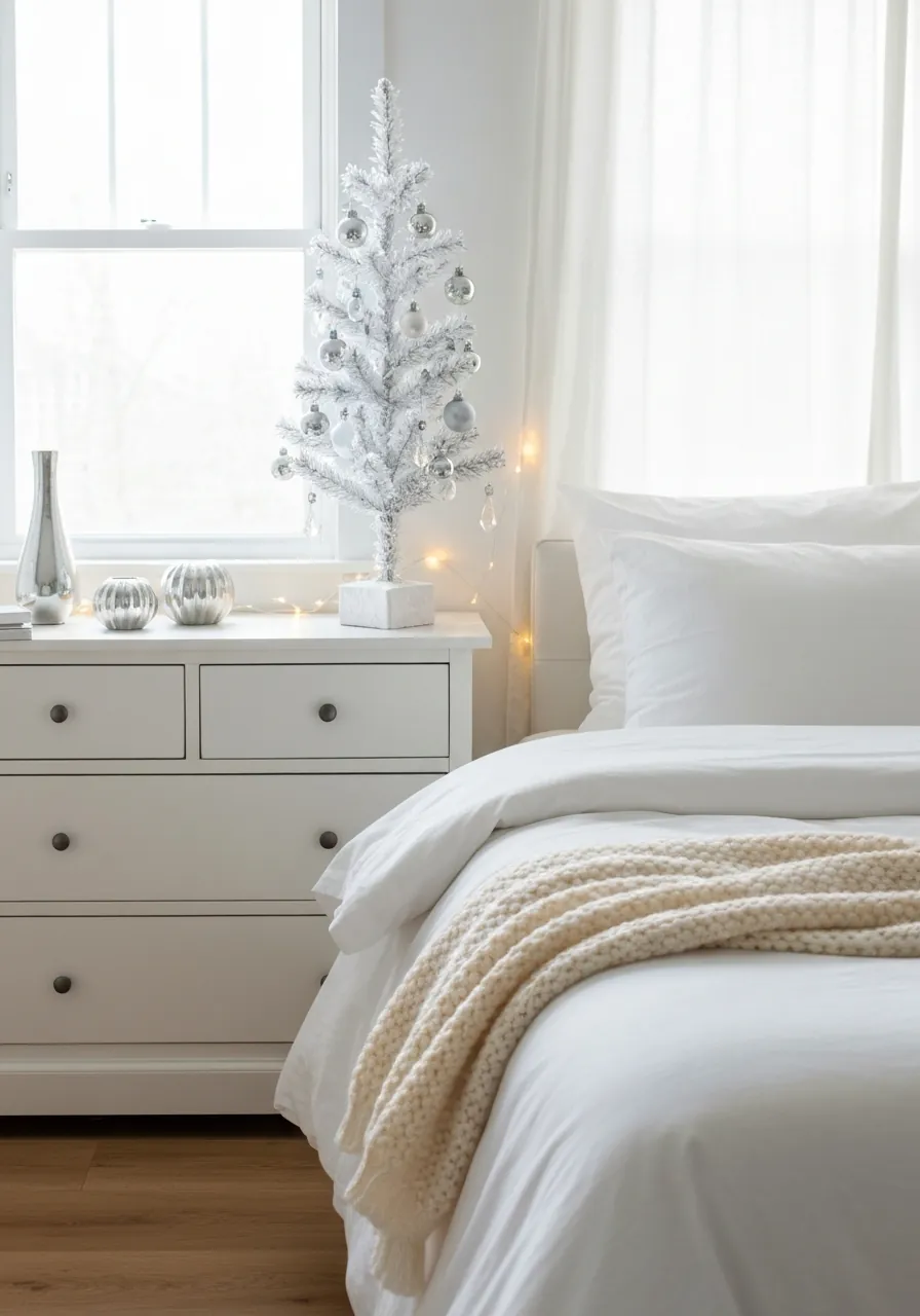 bedroom christmas decor ideas, white and silver winter wonderland bedroom with flocked tabletop tree