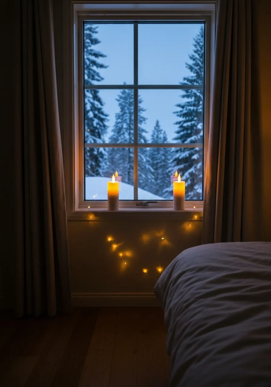 bedroom christmas decor ideas, battery taper candles on bedroom windowsill glowing at dusk