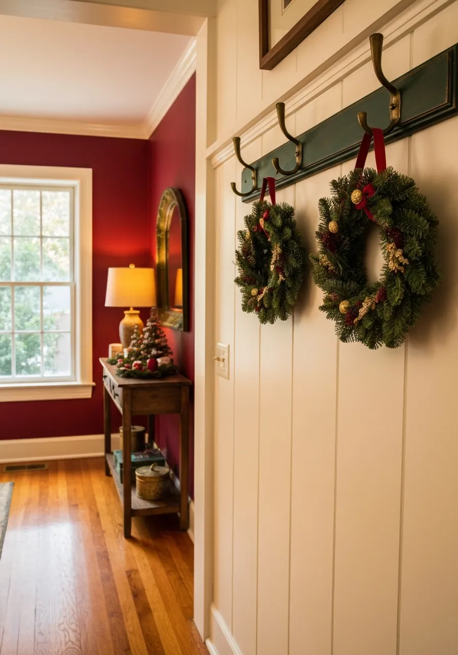 christmas entryway decor ideas, mini wreaths on entryway coat hooks with console visible in background