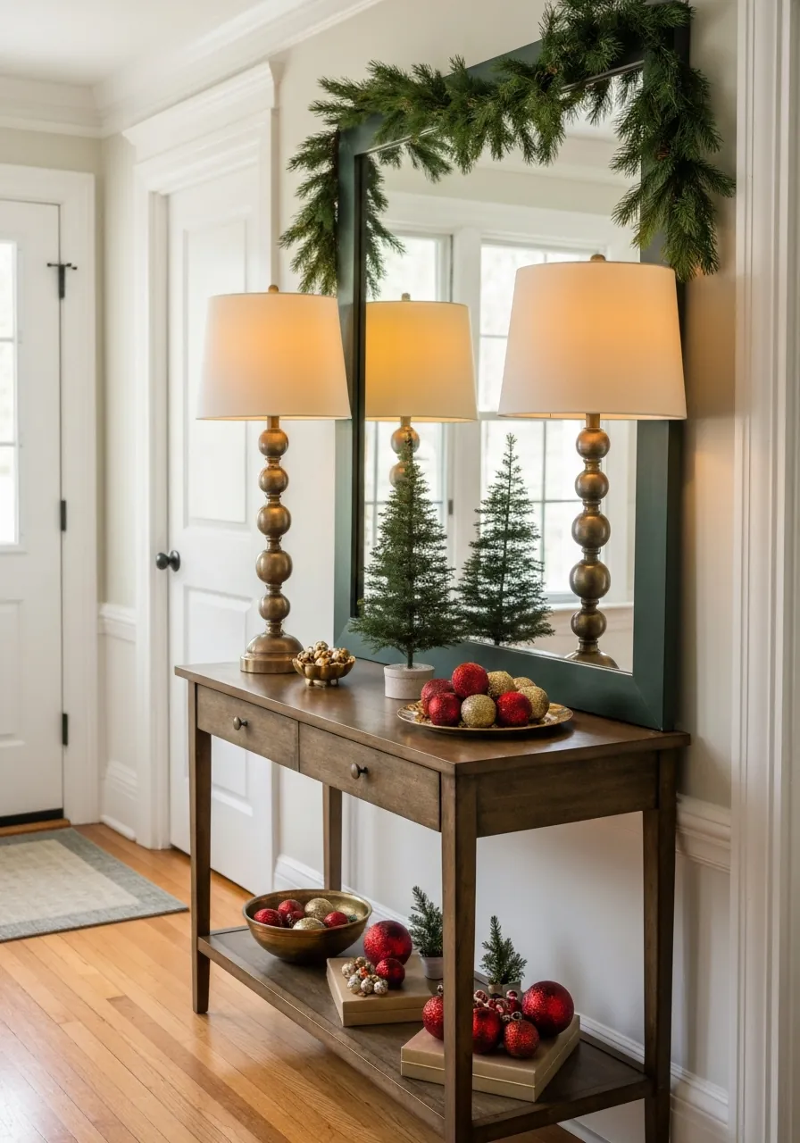 christmas entryway decor ideas, console table styled with lamp garland mirror and Christmas objects