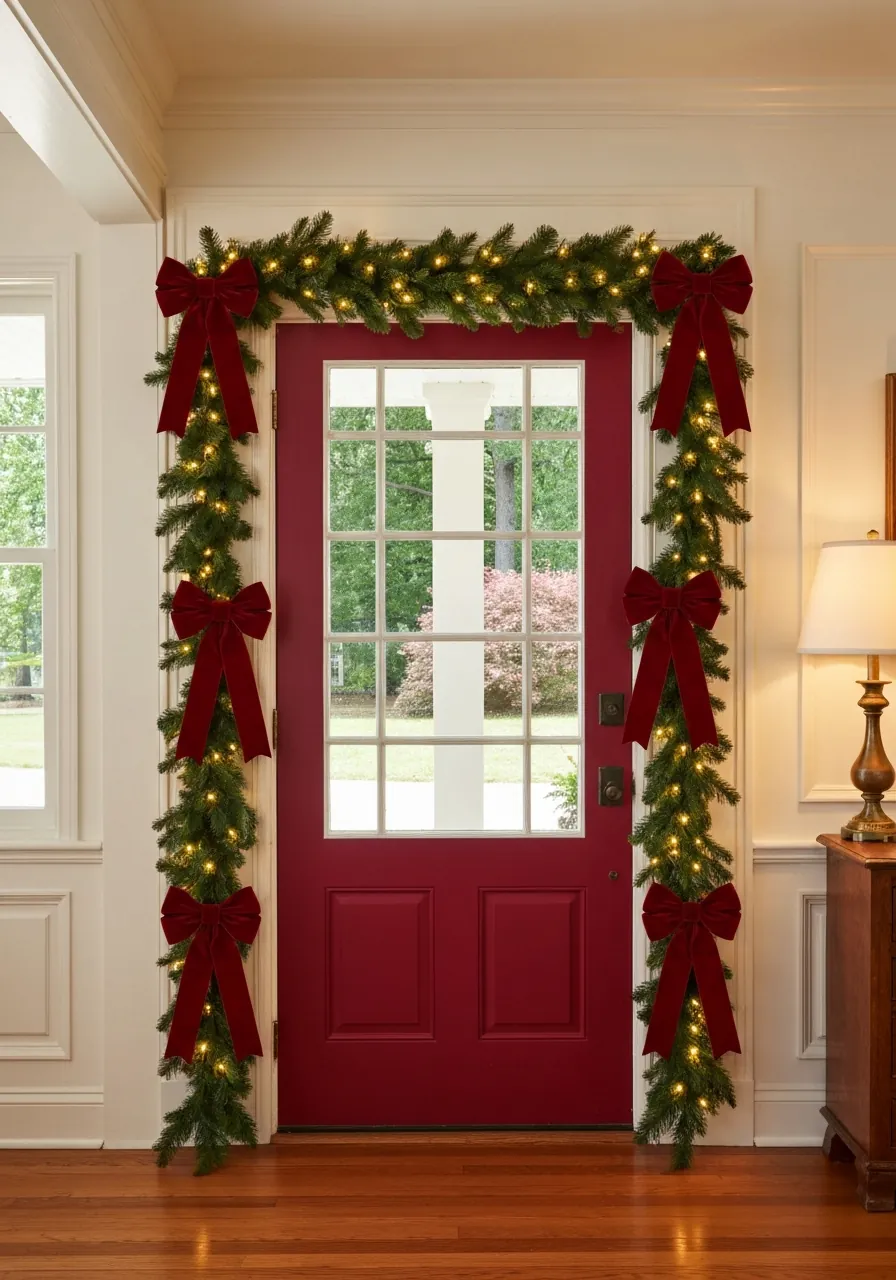 christmas entryway decor ideas, garland framing interior side of front door with lights and ribbon bows