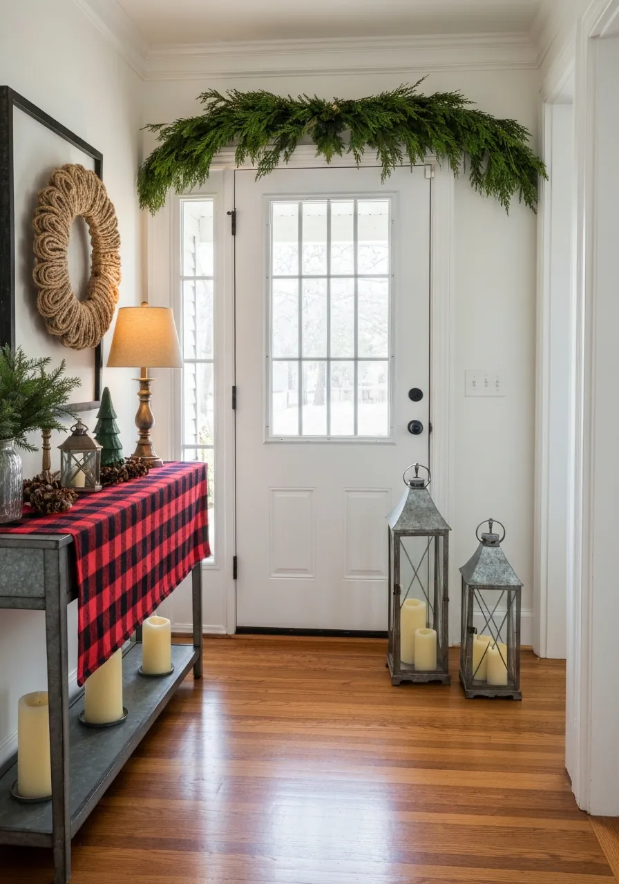christmas entryway decor ideas, farmhouse entryway with buffalo plaid runner galvanized lanterns and cedar garland