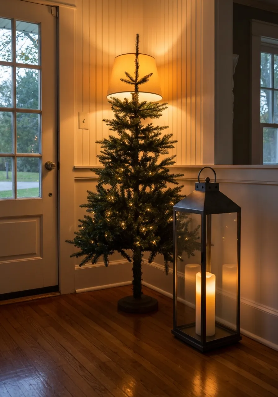 christmas entryway decor ideas, large floor lantern with battery candle beside entryway tree creating warm glow