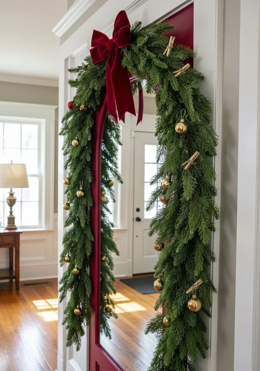christmas entryway decor ideas, large mirror with garland draped across top and velvet bow