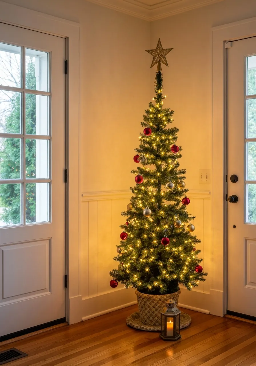 christmas entryway decor ideas, slim pencil Christmas tree in entryway corner with warm white lights