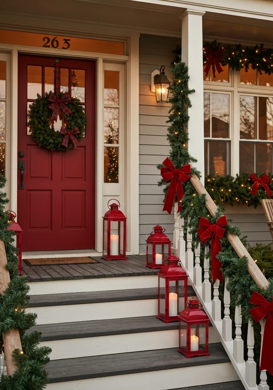 christmas front porch decor ideas, classic red and green Christmas porch with garland lights and red velvet ribbon