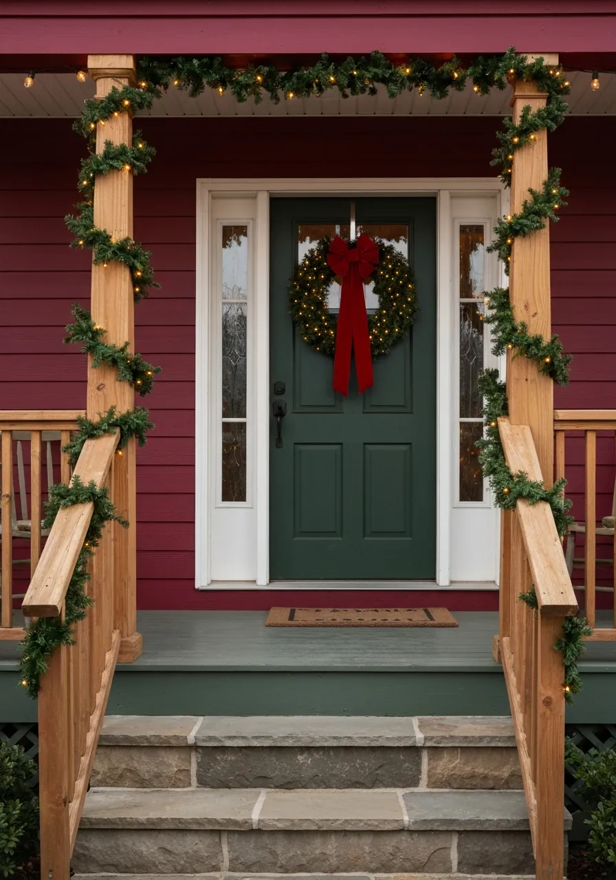 christmas front porch decor ideas, pre-lit evergreen garland on porch railing and columns with large wreath on door