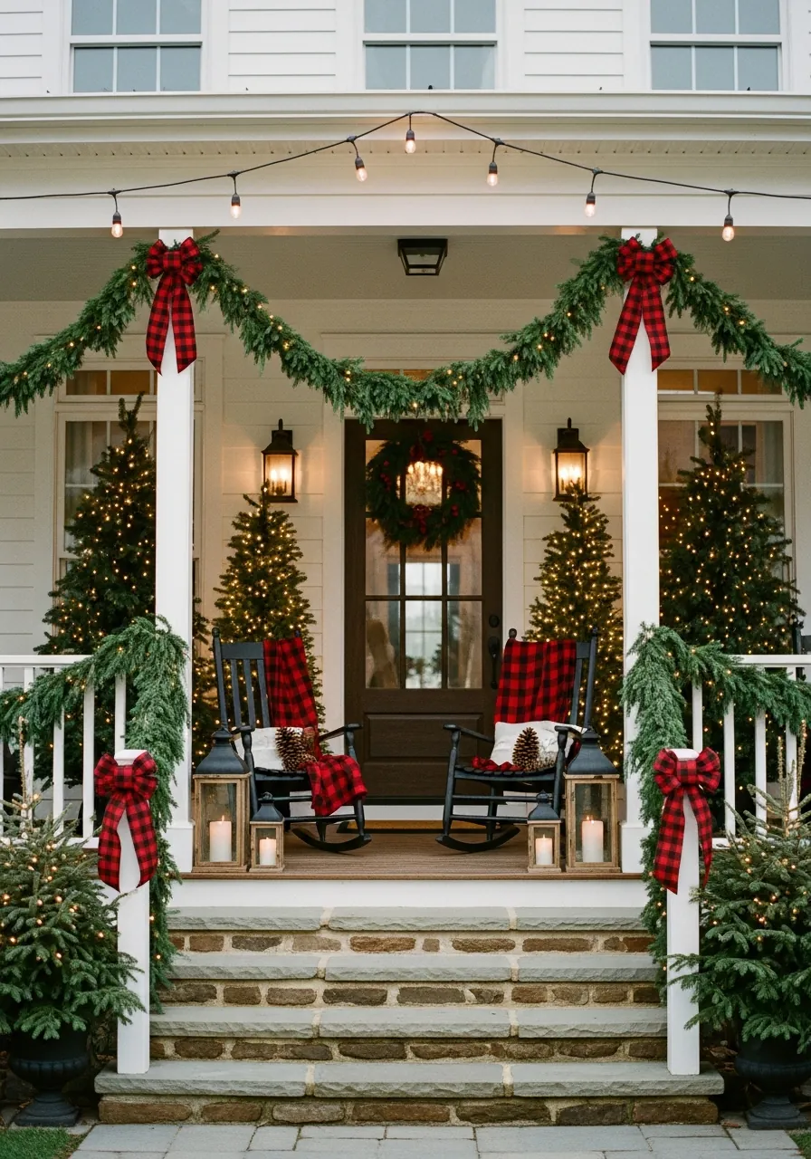 christmas front porch decor ideas, large farmhouse wrap-around porch with garland rocking chairs and lanterns
