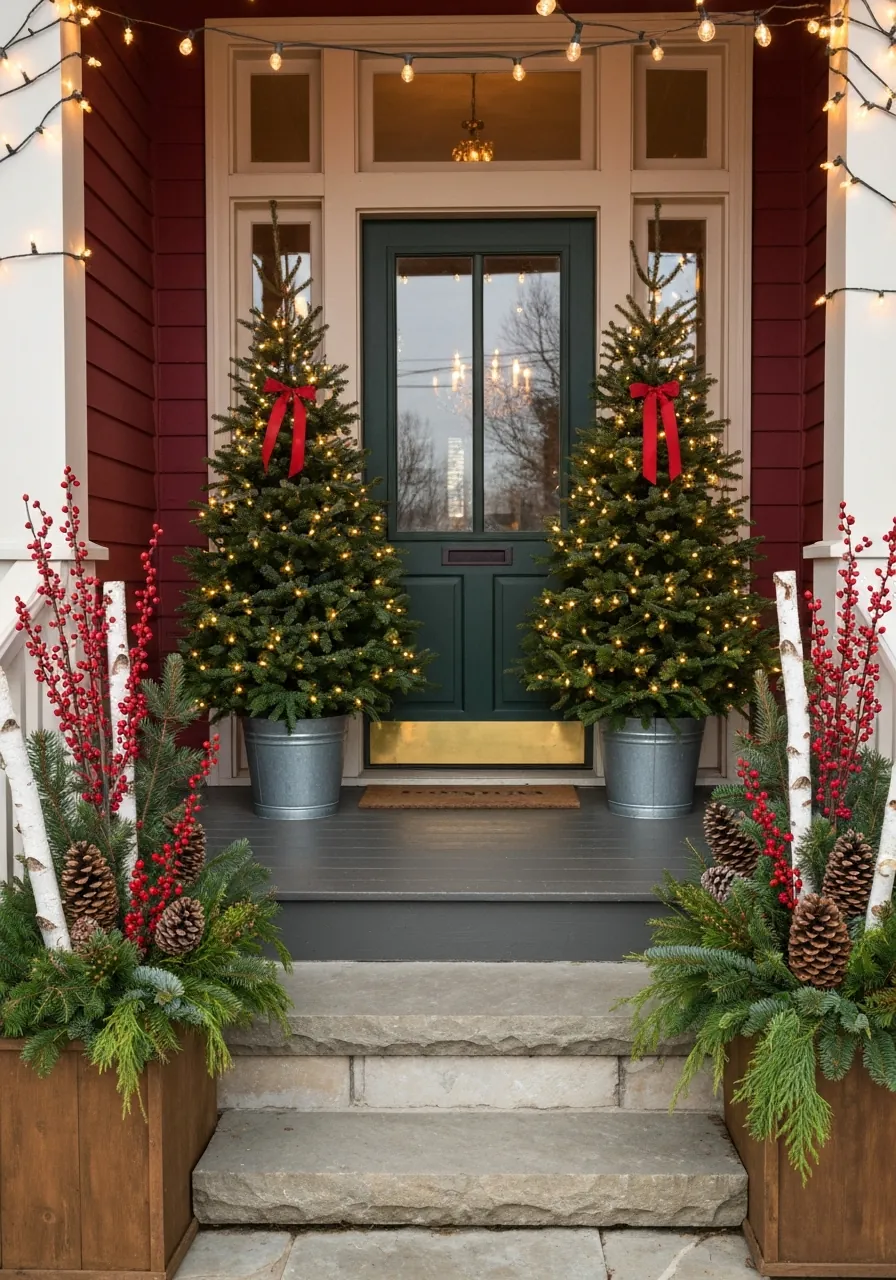 christmas front porch decor ideas, two potted Christmas trees flanking front door with evergreen planters