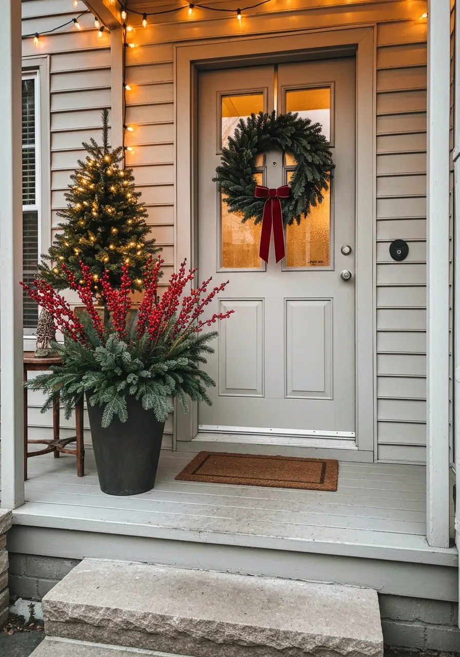 christmas front porch decor ideas, small apartment entrance with tabletop tree planter and wreath on door