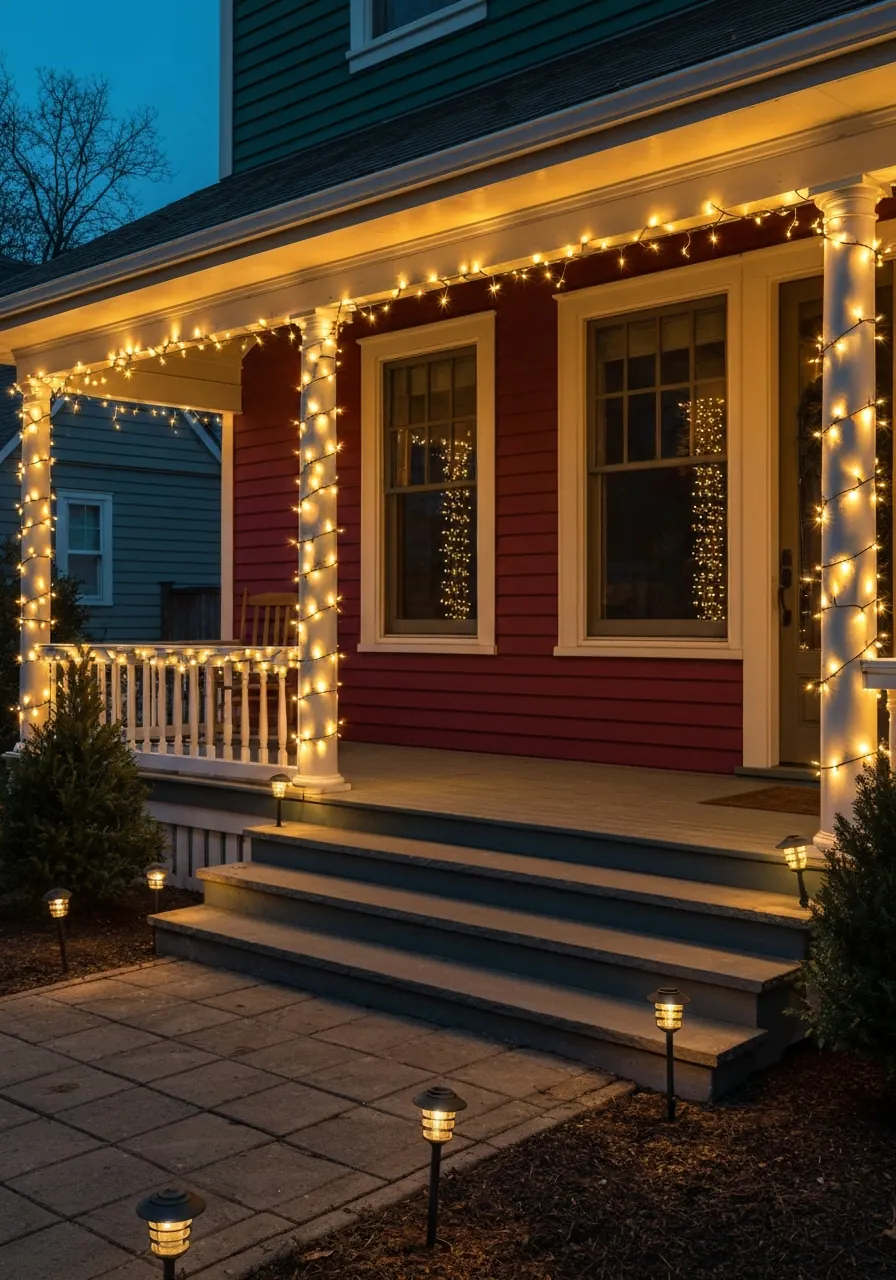 christmas front porch decor ideas, warm white LED string lights draped along porch roofline and columns