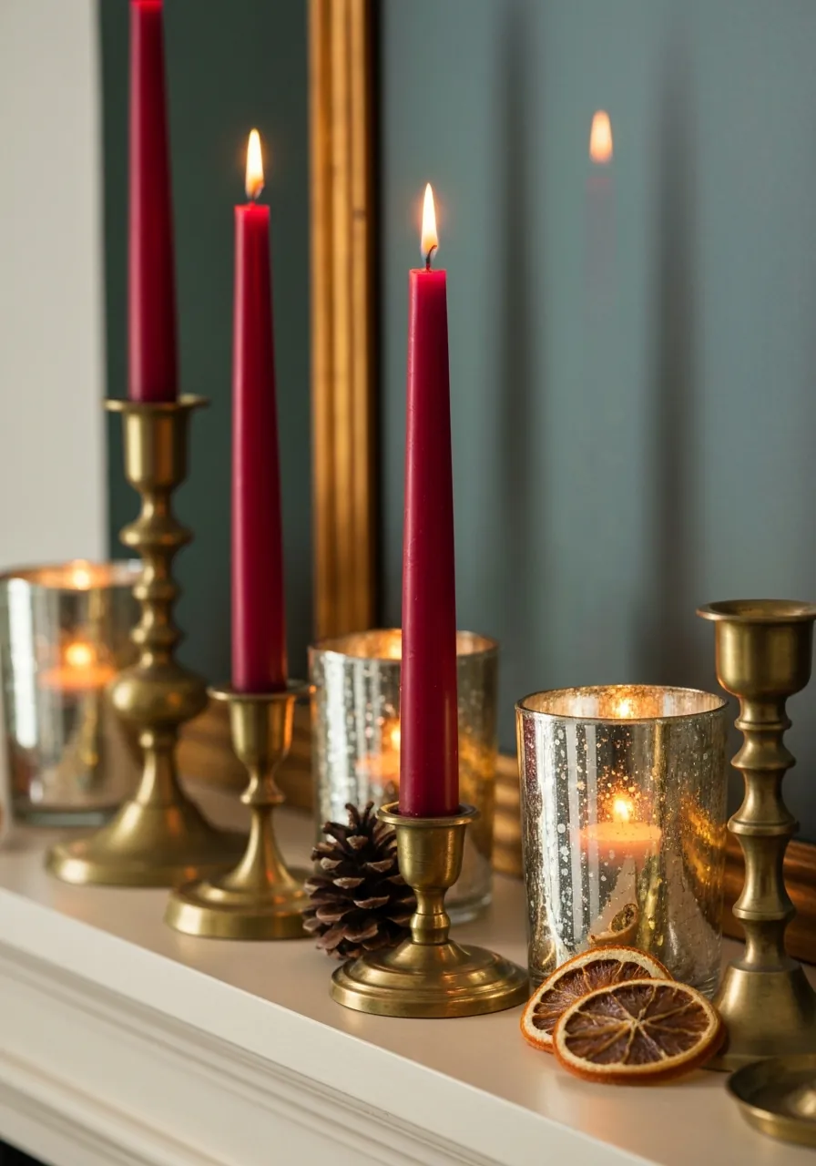 christmas mantel decor ideas, brass candlesticks varying heights with mercury glass votives and pillar candles