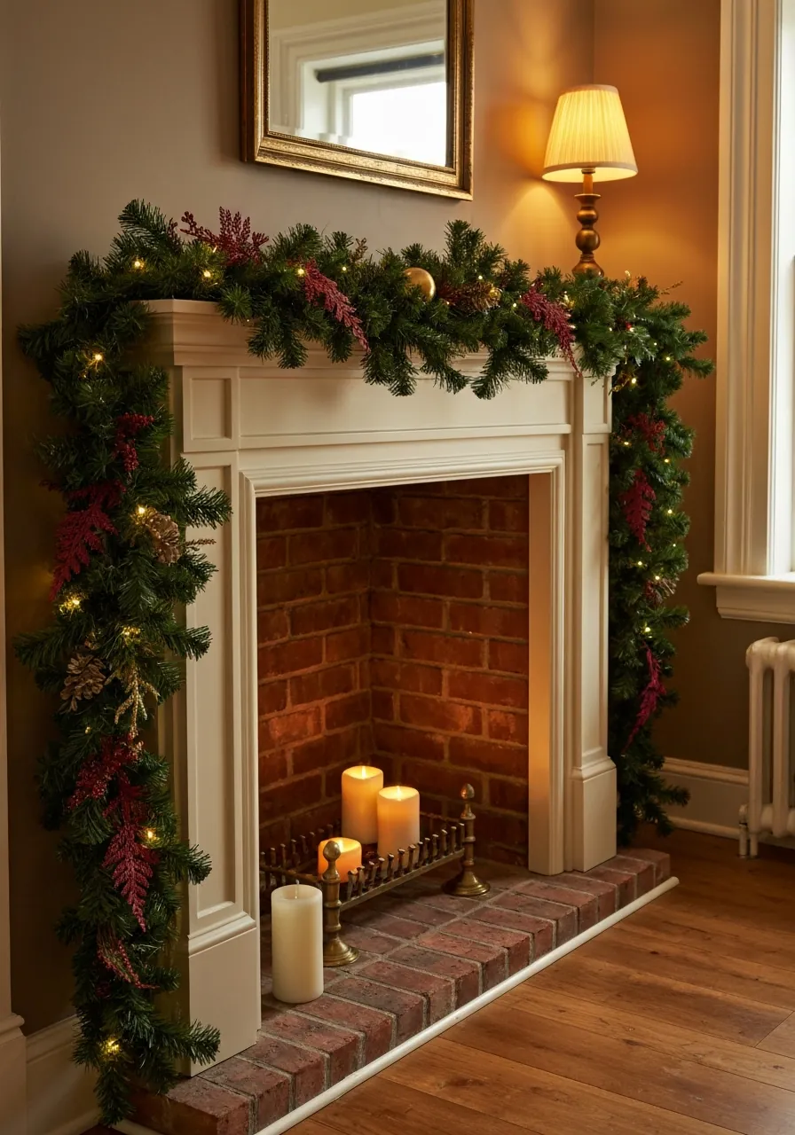 christmas mantel decor ideas, garland draped on mantel extending past edges with adhesive hooks