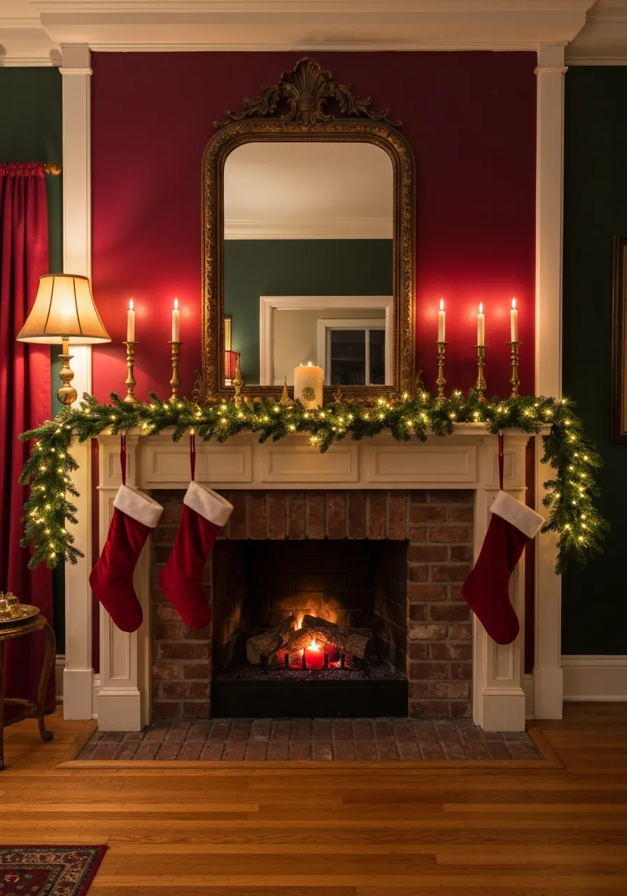 christmas mantel decor ideas, large mirror as focal piece with garland and candlesticks
