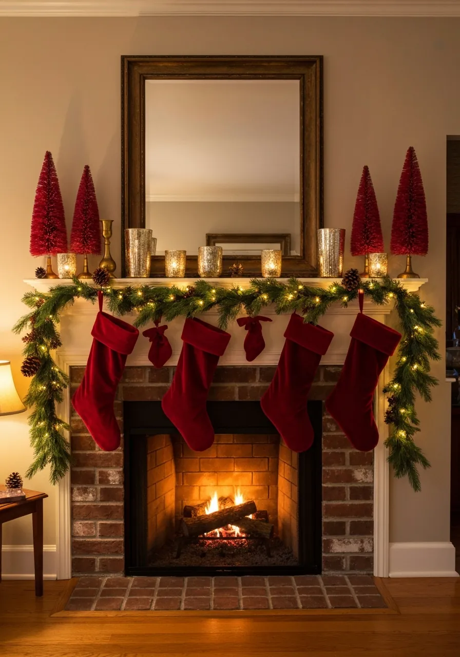 christmas mantel decor ideas, fully decorated Christmas mantel in classic red and green palette