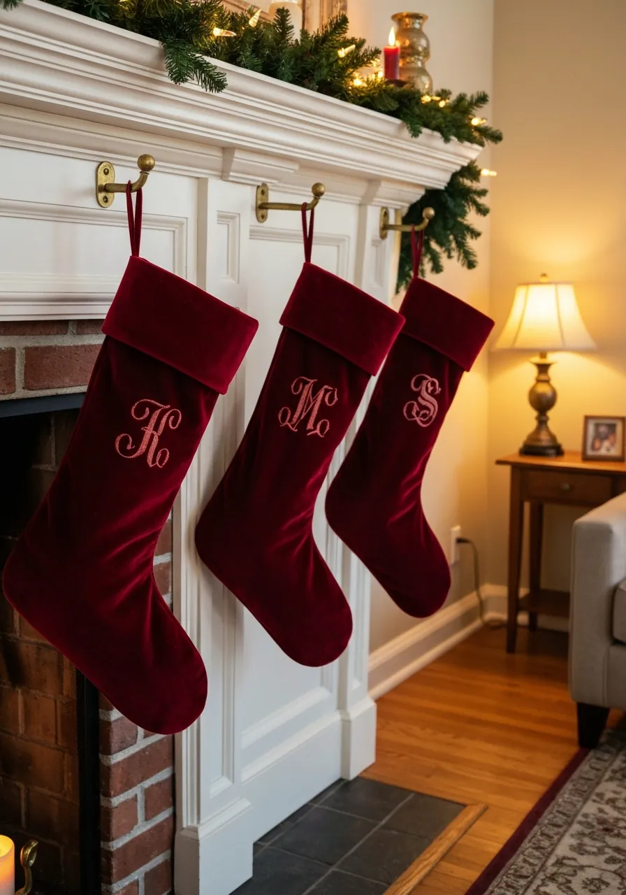 christmas mantel decor ideas, four red velvet stockings with brass stocking holders evenly spaced on mantel