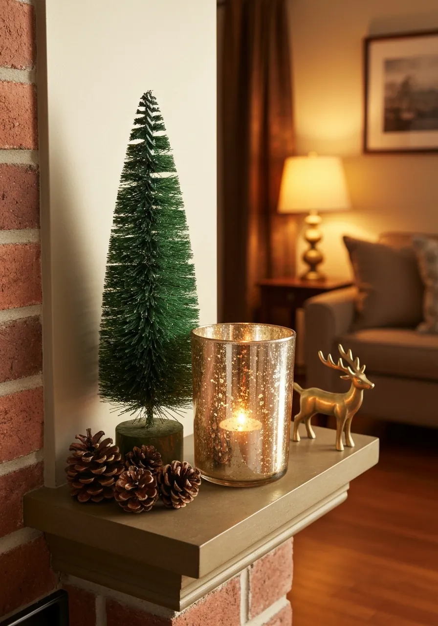 christmas mantel decor ideas, mantel vignette with bottle brush trees mercury glass and pine cones