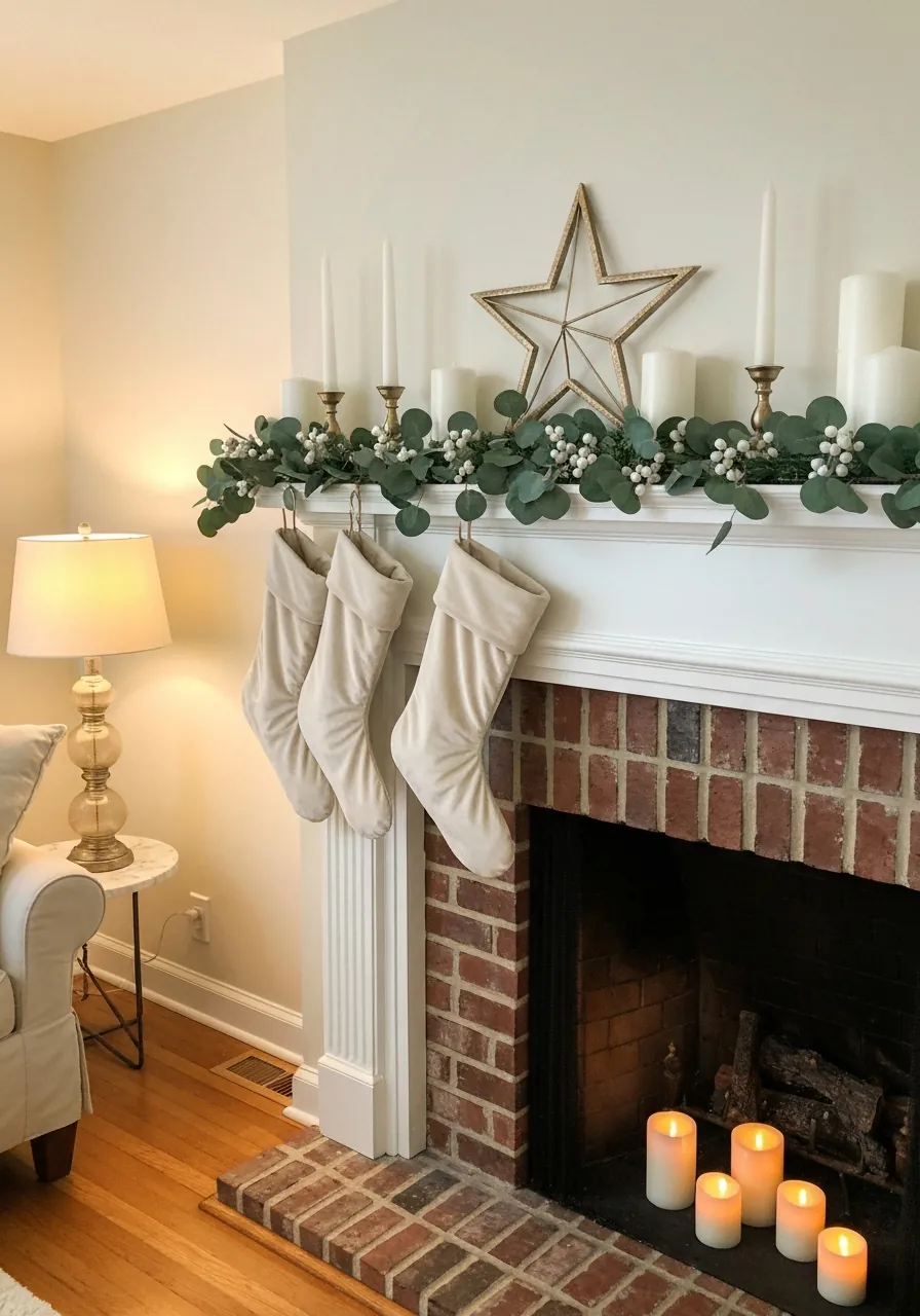 christmas mantel decor ideas, white and gold winter Christmas mantel with eucalyptus garland and cream stockings