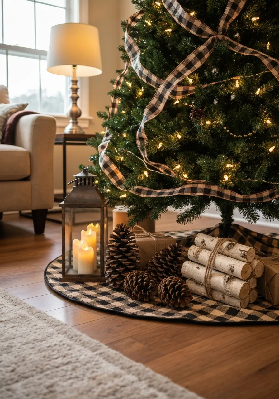 christmas tree decorating ideas, Christmas tree base with matching tree skirt and styled under-tree vignette