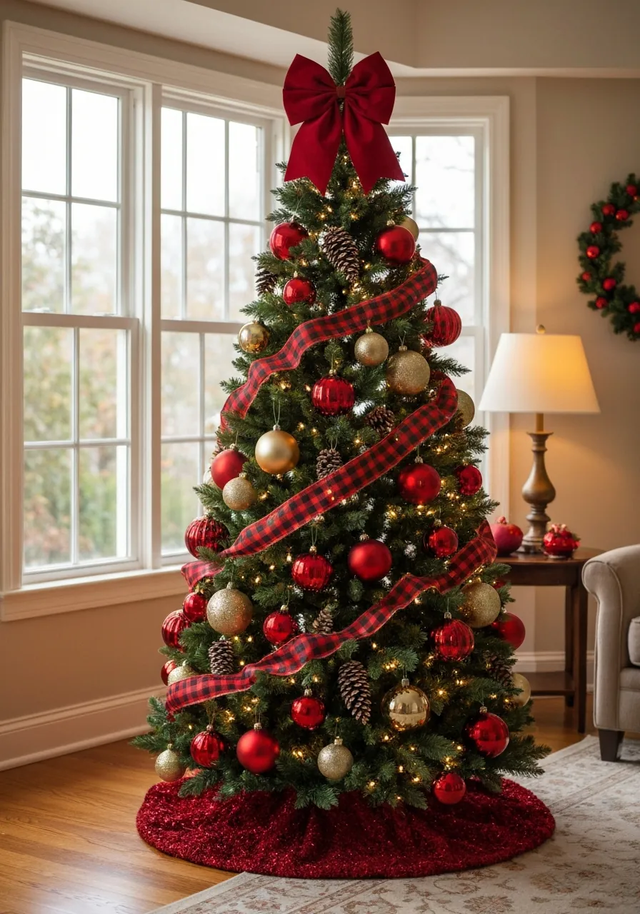 christmas tree decorating ideas, classic red and green Christmas tree with gold accents fully decorated