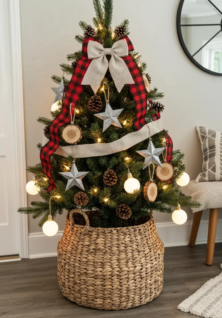 christmas tree decorating ideas, farmhouse Christmas tree in woven basket with buffalo plaid ribbon and wood ornaments