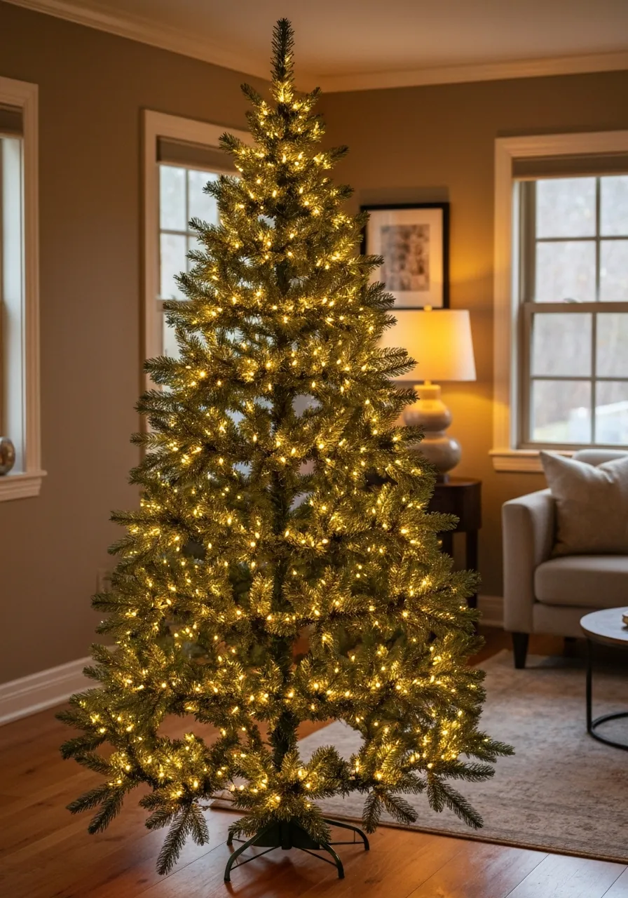 christmas tree decorating ideas, well-fluffed Christmas tree with warm white lights before decorating