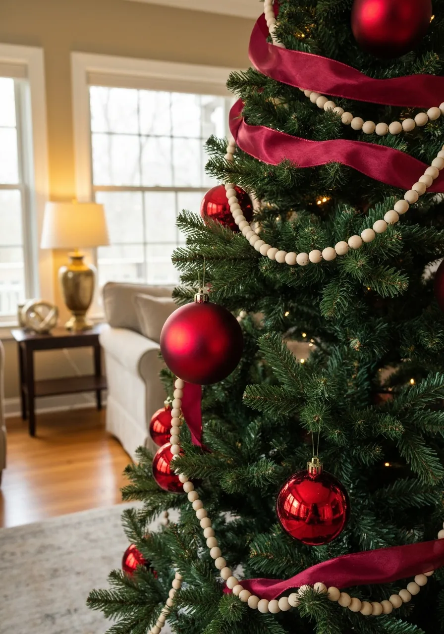 christmas tree decorating ideas, natural wood bead garland and large ornaments placed deep in tree branches