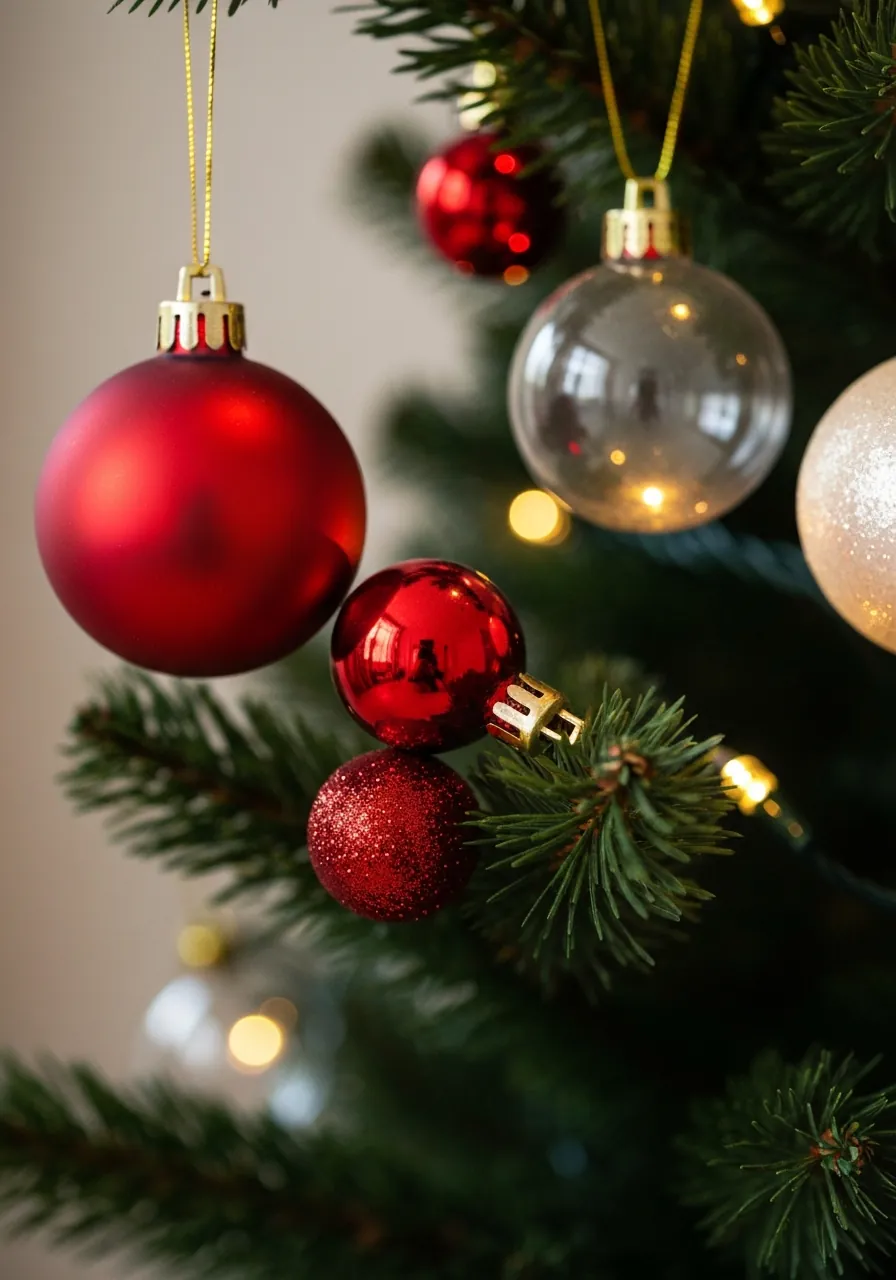 christmas tree decorating ideas, ornament cluster with three sizes and mixed matte shiny glitter finishes