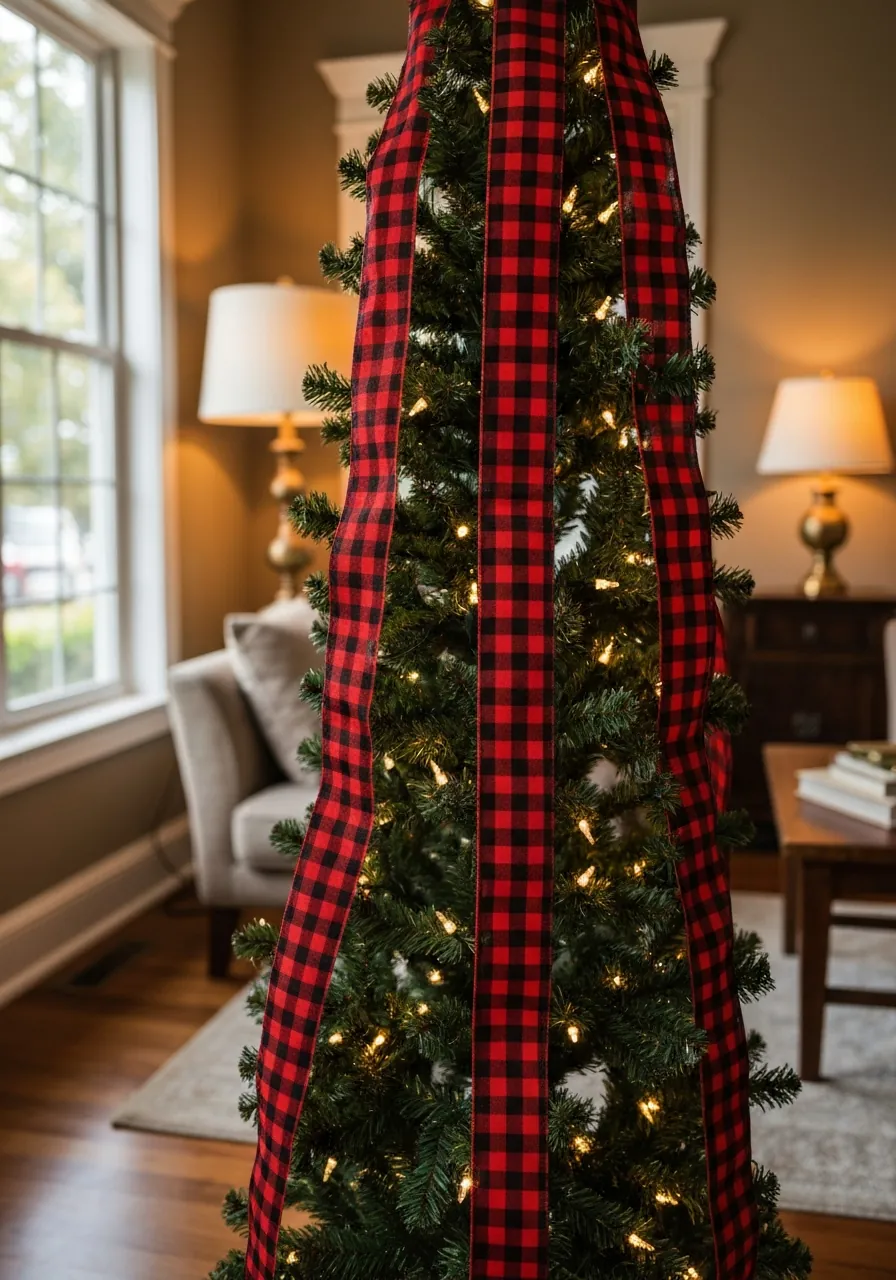 christmas tree decorating ideas, wired ribbon looped through Christmas tree branches in vertical technique