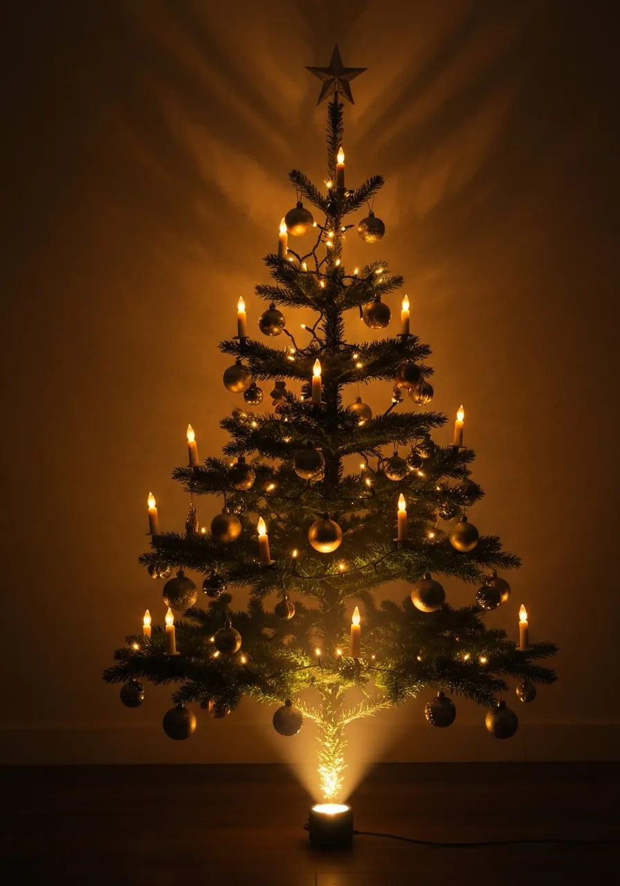 christmas tree decorating ideas, Christmas tree with clip-on candle lights and floor uplighter creating warm ceiling shadows