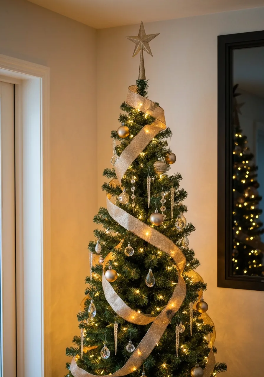 christmas tree decorating ideas, slim pencil Christmas tree with narrow vertical ornaments and elongated star topper