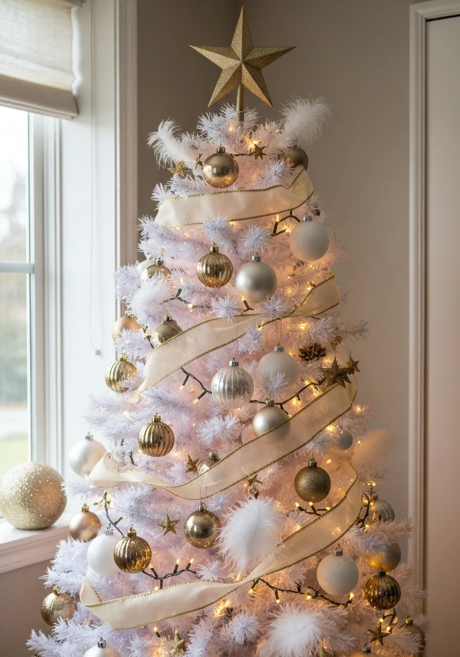 christmas tree decorating ideas, white and gold winter Christmas tree with ivory ribbon and pearl ornaments