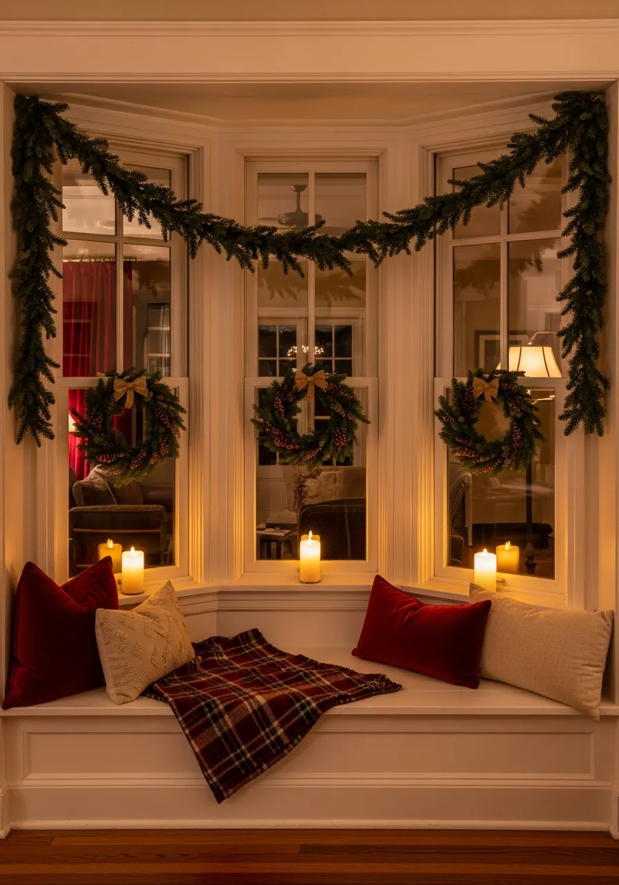 christmas window decor ideas, bay window with three panes each decorated with wreath and candle