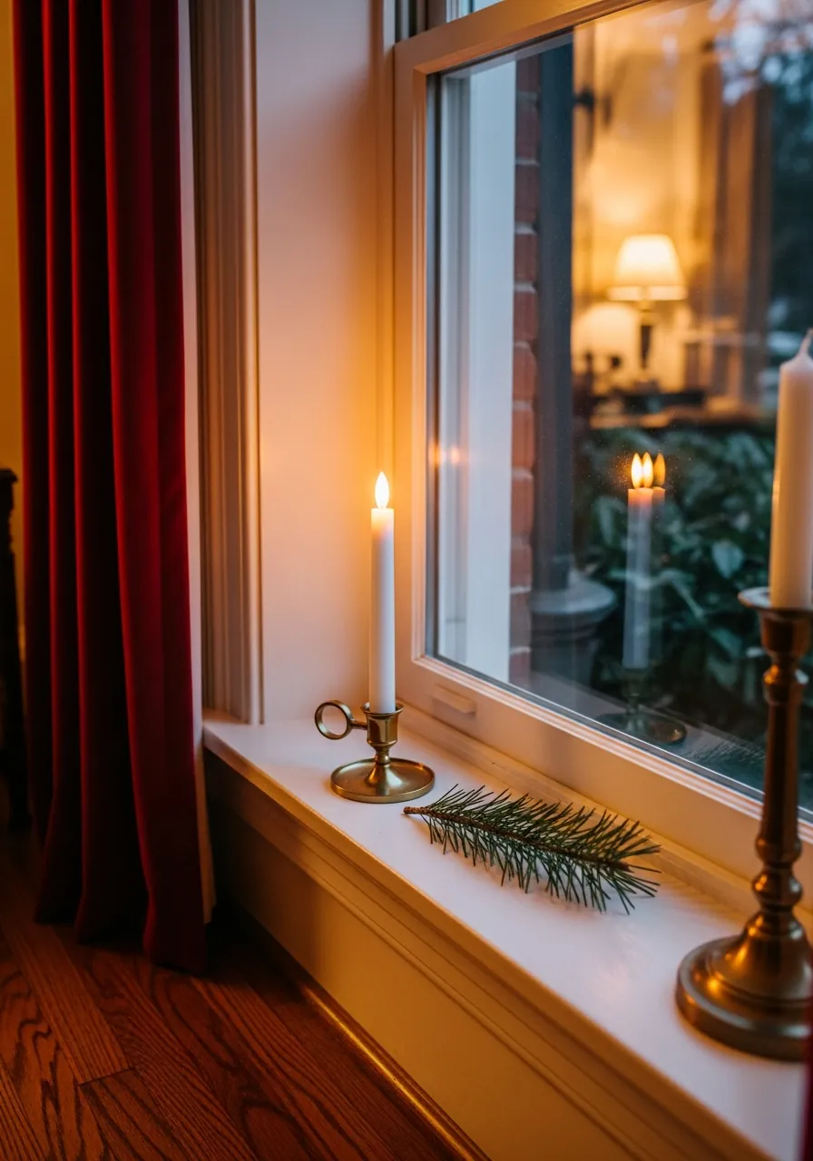 christmas window decor ideas, battery taper candle on window sill at dusk with exterior glow visible