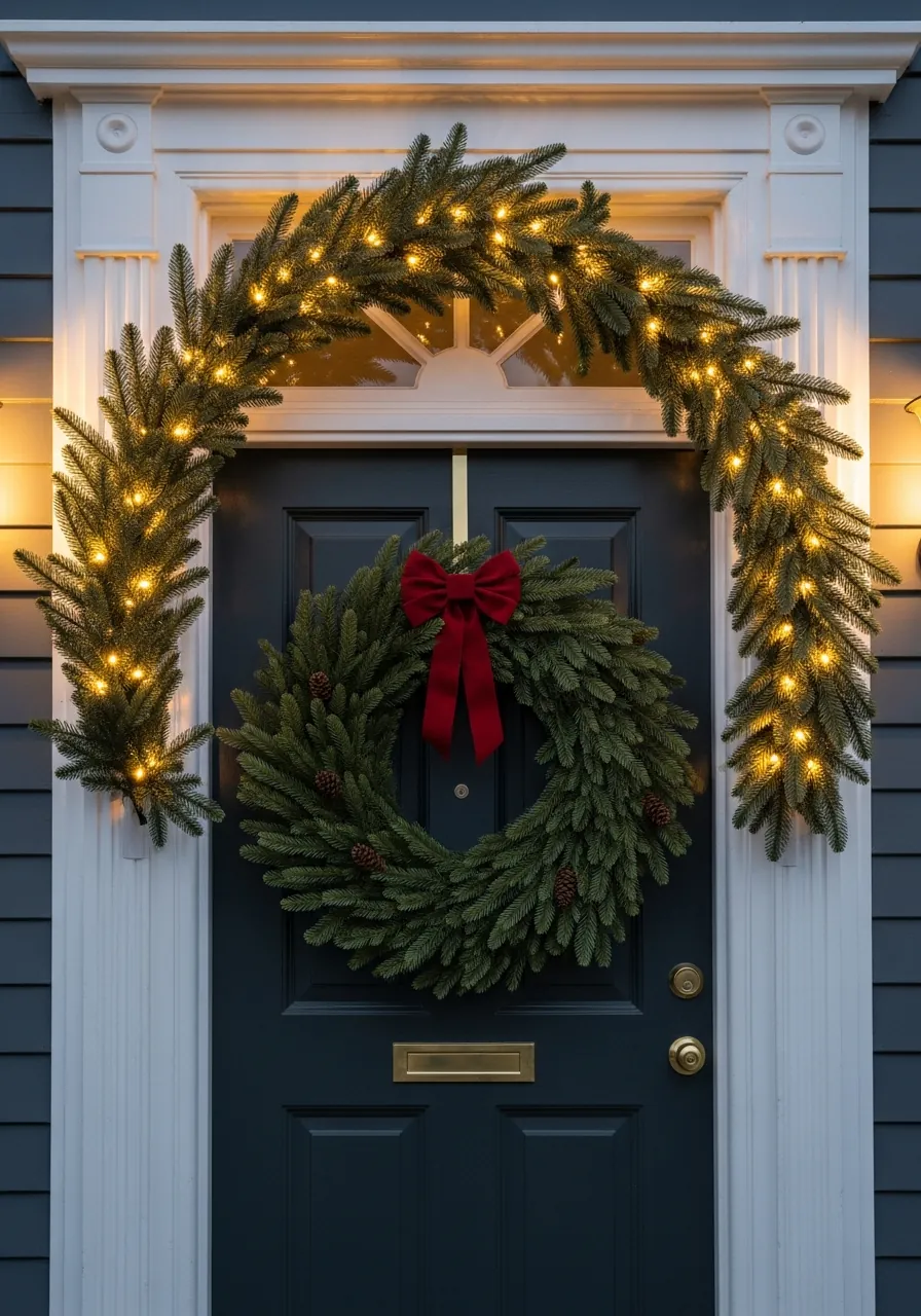 christmas window decor ideas, front door with wreath and garland arch above door frame