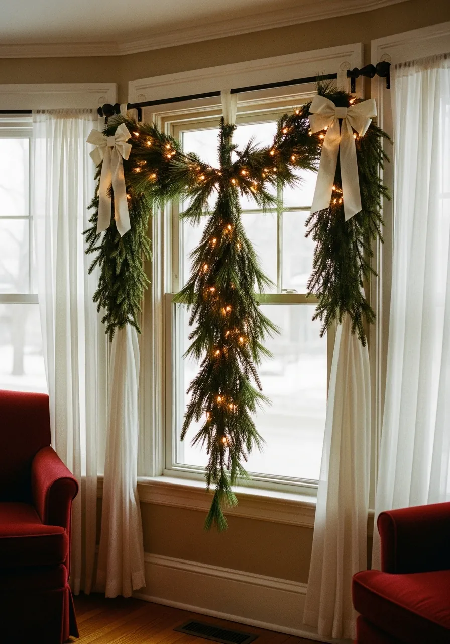 christmas window decor ideas, pine garland with fairy lights draped from curtain rod across window top