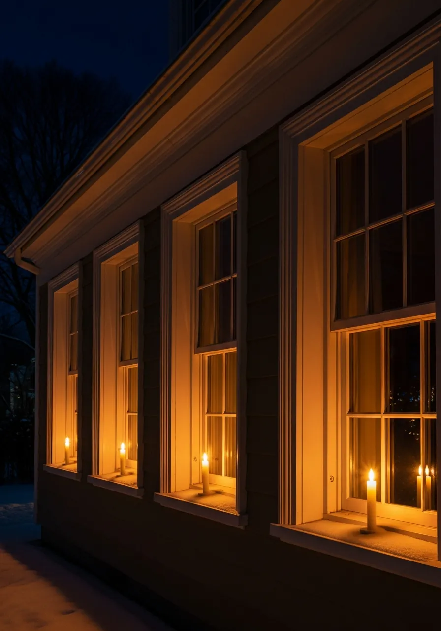 christmas window decor ideas, home exterior at night showing every window with candle glow inside