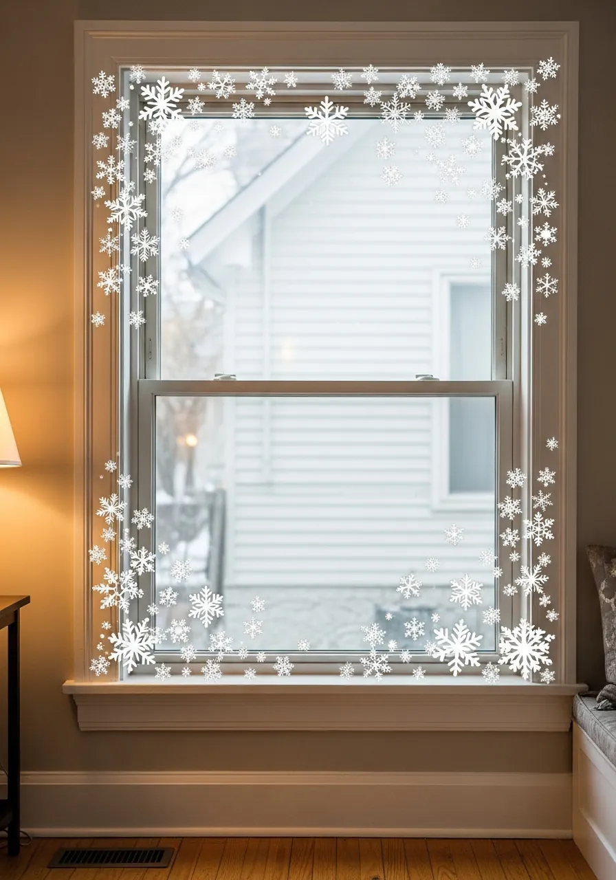 christmas window decor ideas, snowflake window clings on glass in scattered natural pattern