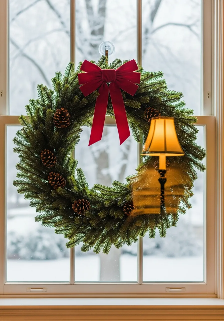 christmas window decor ideas, pine wreath with red velvet bow hung on window glass from interior